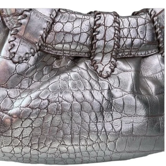 Donald J Pliner Printed Metallic Croco Purse Handbag Clutch Satchel Leather - Picture 7 of 12